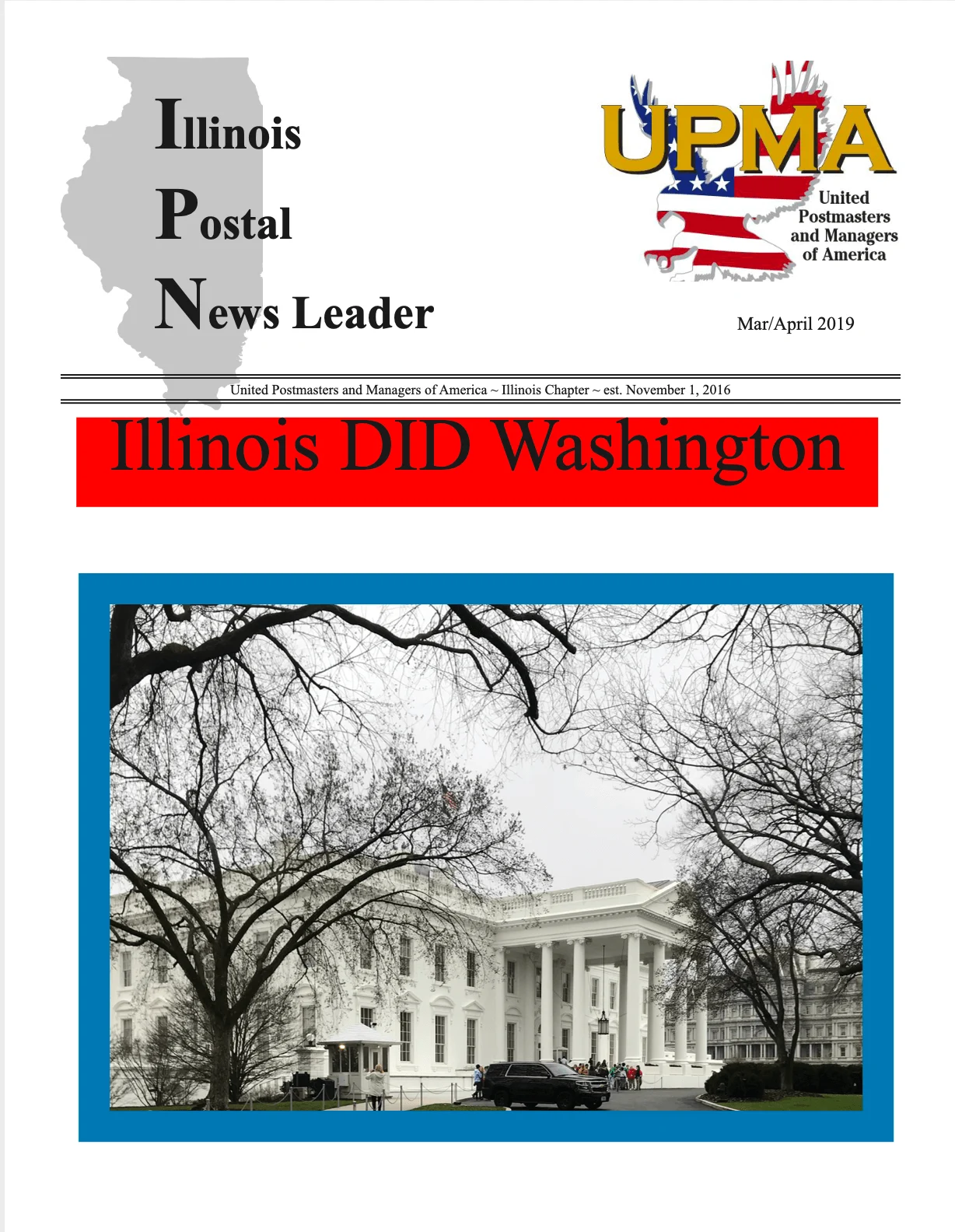 UPMA April 2020 Newsletter Cover with a picture of the white house