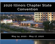 Image of Embassy Suites hotel in Peoria with the words "2020 Illinois Chapter State Convention" and "May 14, 2020 - May 17, 2020"