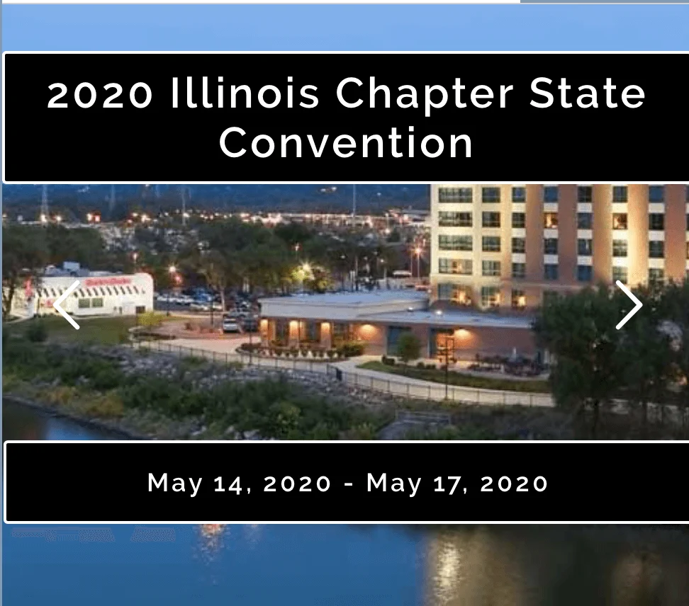 Image of Embassy Suites hotel in Peoria with the words "2020 Illinois Chapter State Convention" and "May 14, 2020 - May 17, 2020"
