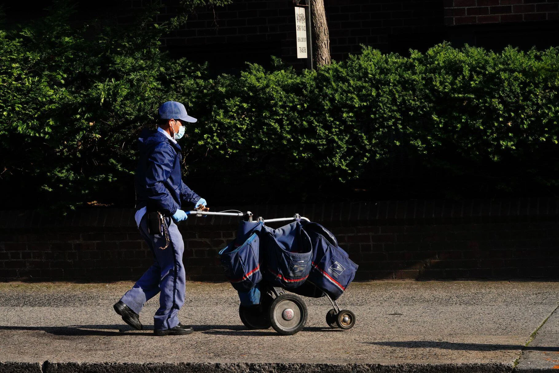 Postal worker wearing face mask pushing mail cart