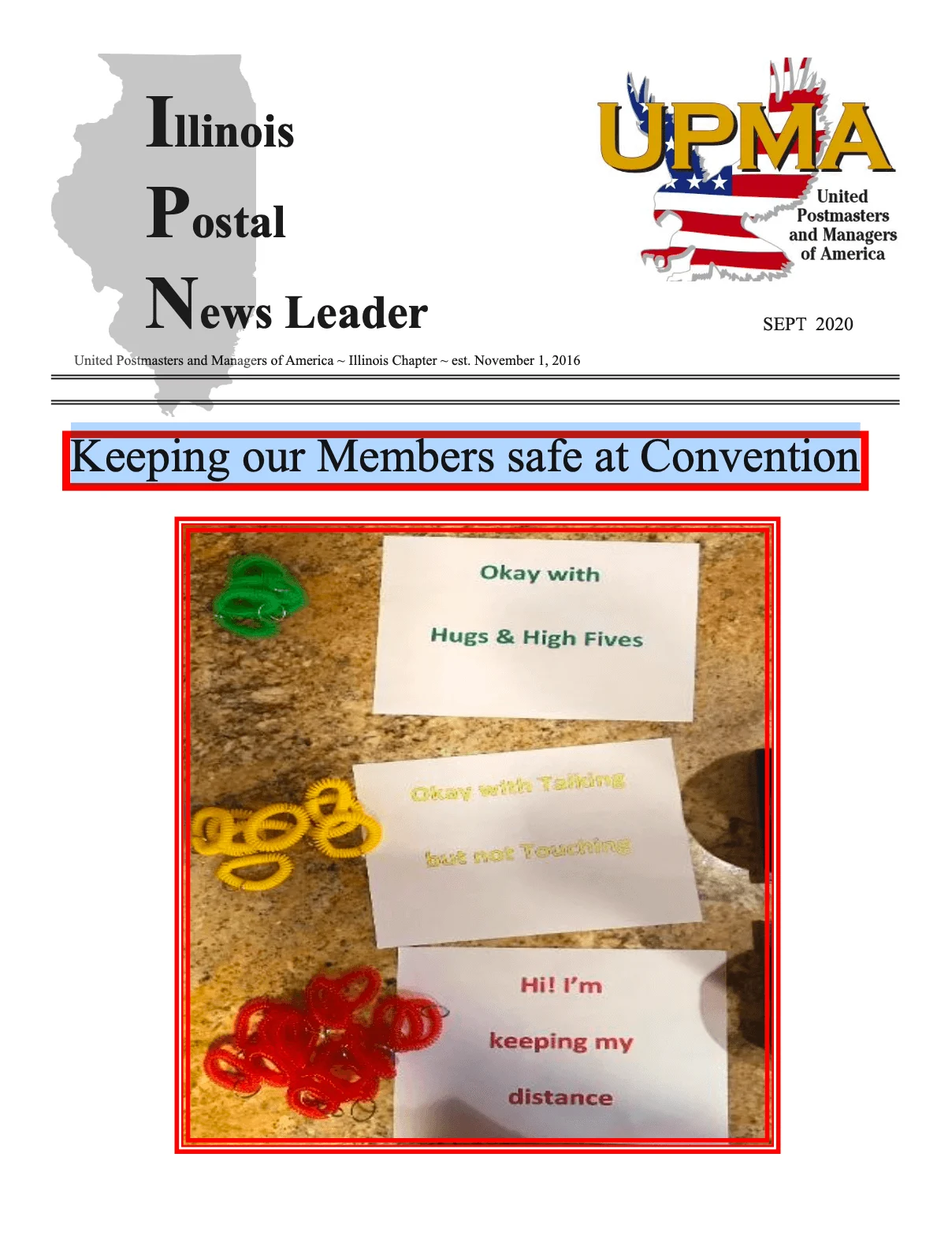 Cover of the Illinois UPMA Newsletter for September 2020 featuring the headline, "Keeping Our Members Safe at Convention"