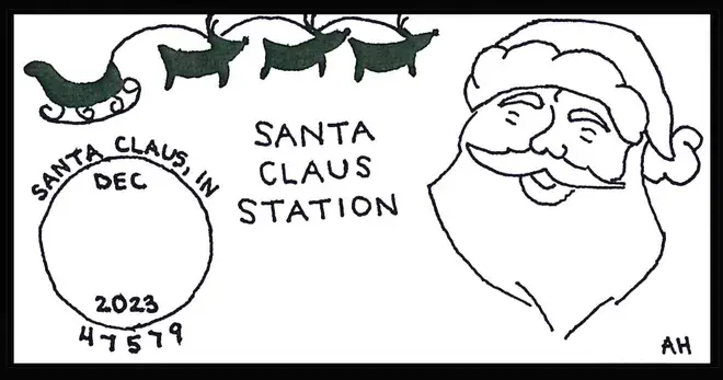 The official 2023 Santa Claus Post Office postmark was drawn by Allison Hoffman of Mariah Hill, Indiana.